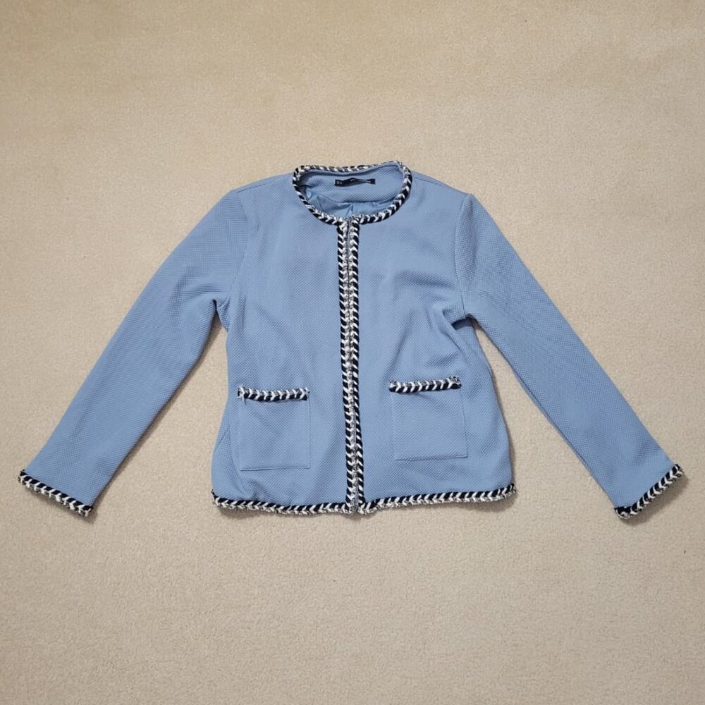 Sfera Women's Light Blue Knit Jacket with Contrast Crochet Trim, Size Medium